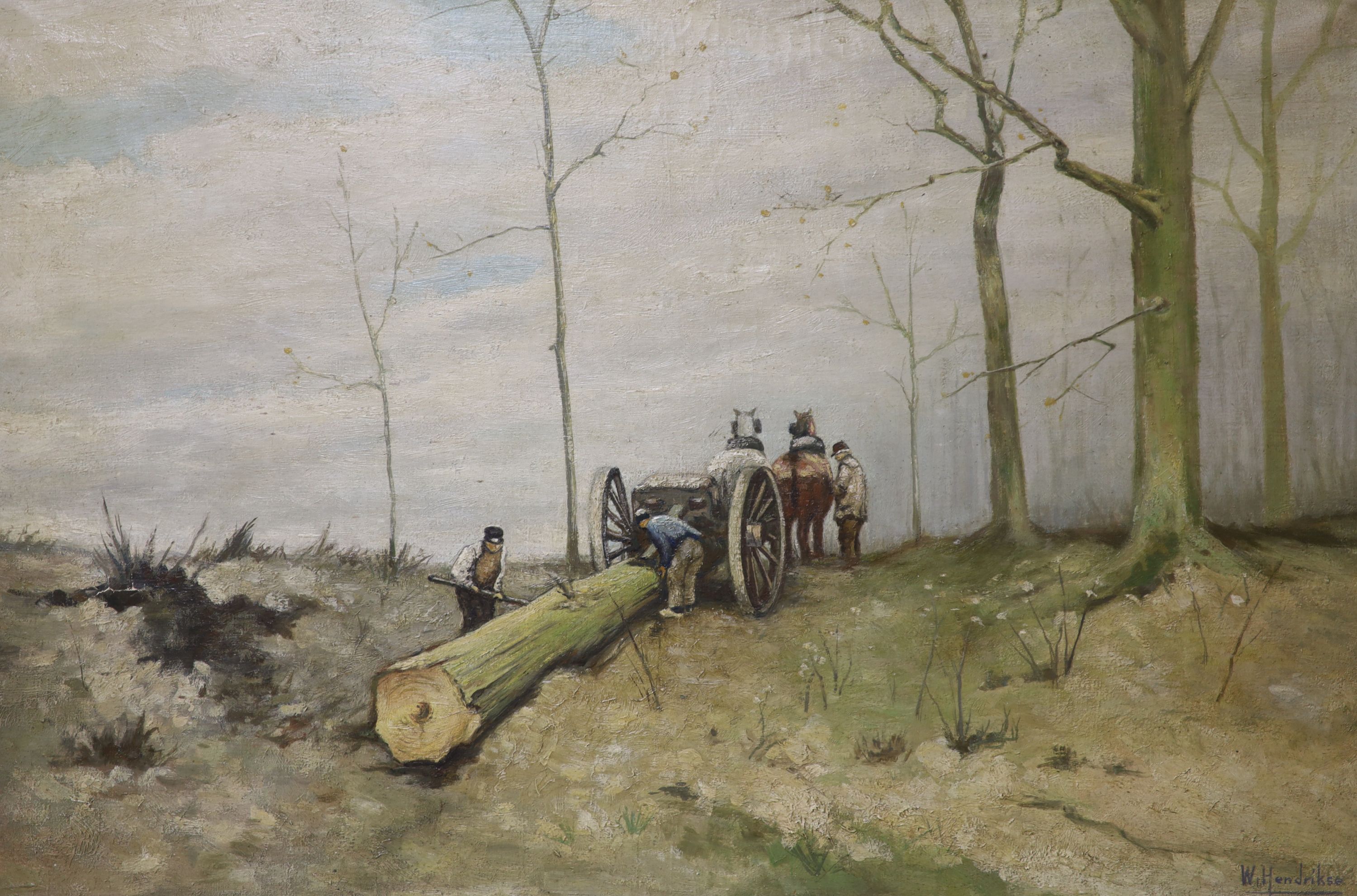 W. Hendrikse (Danish), oil on canvas, Timber haulers dragging a tree trunk, signed, 39 x 58cm